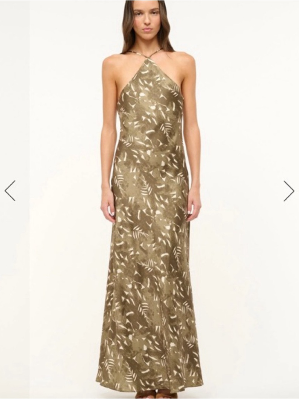 STAUD Olive Green Halter Maxi Dress with Leaf Motif